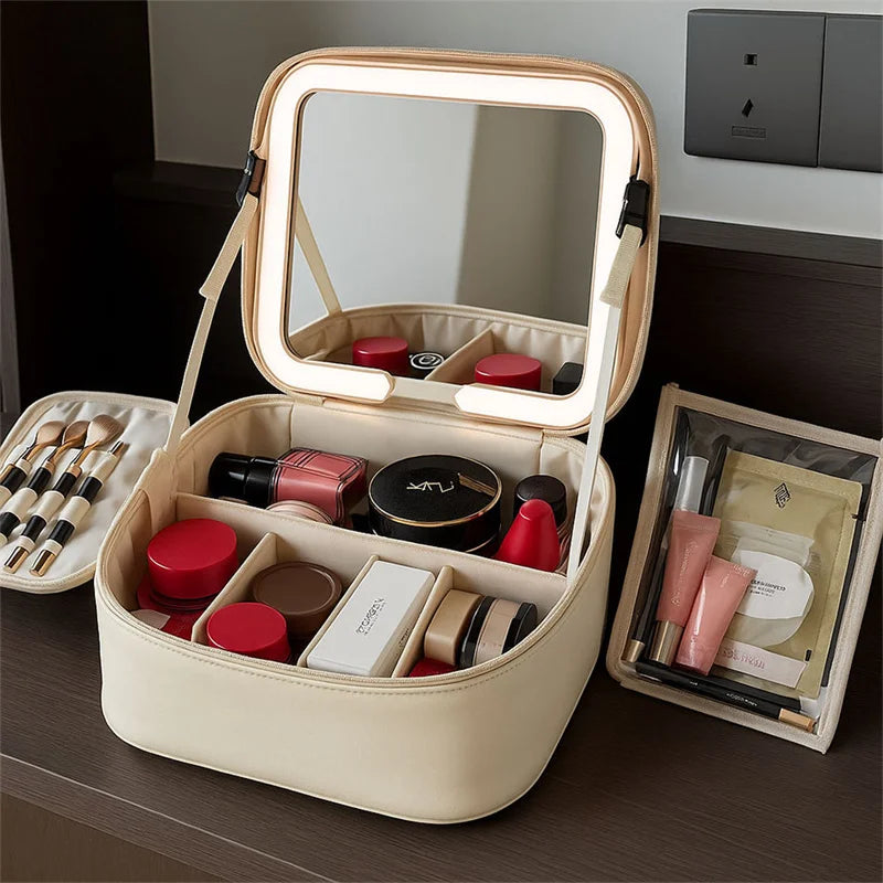 LED Lighted Makeup Bag with Mirror – Large PU Leather Organizer