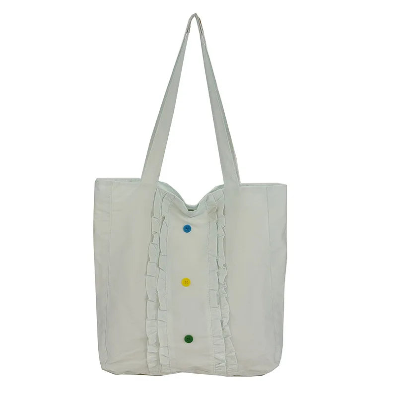 Women's Large Canvas Tote Bag – Lace Trim, Button Detail
