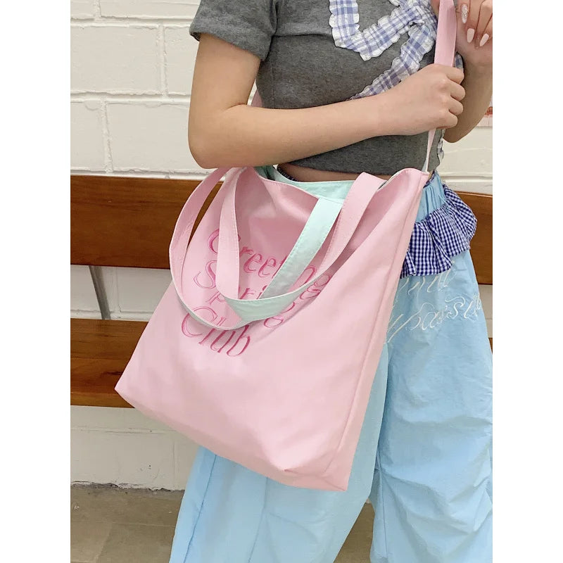 Korean Nylon Double-Sided Tote Bag | Letter Embroidery
