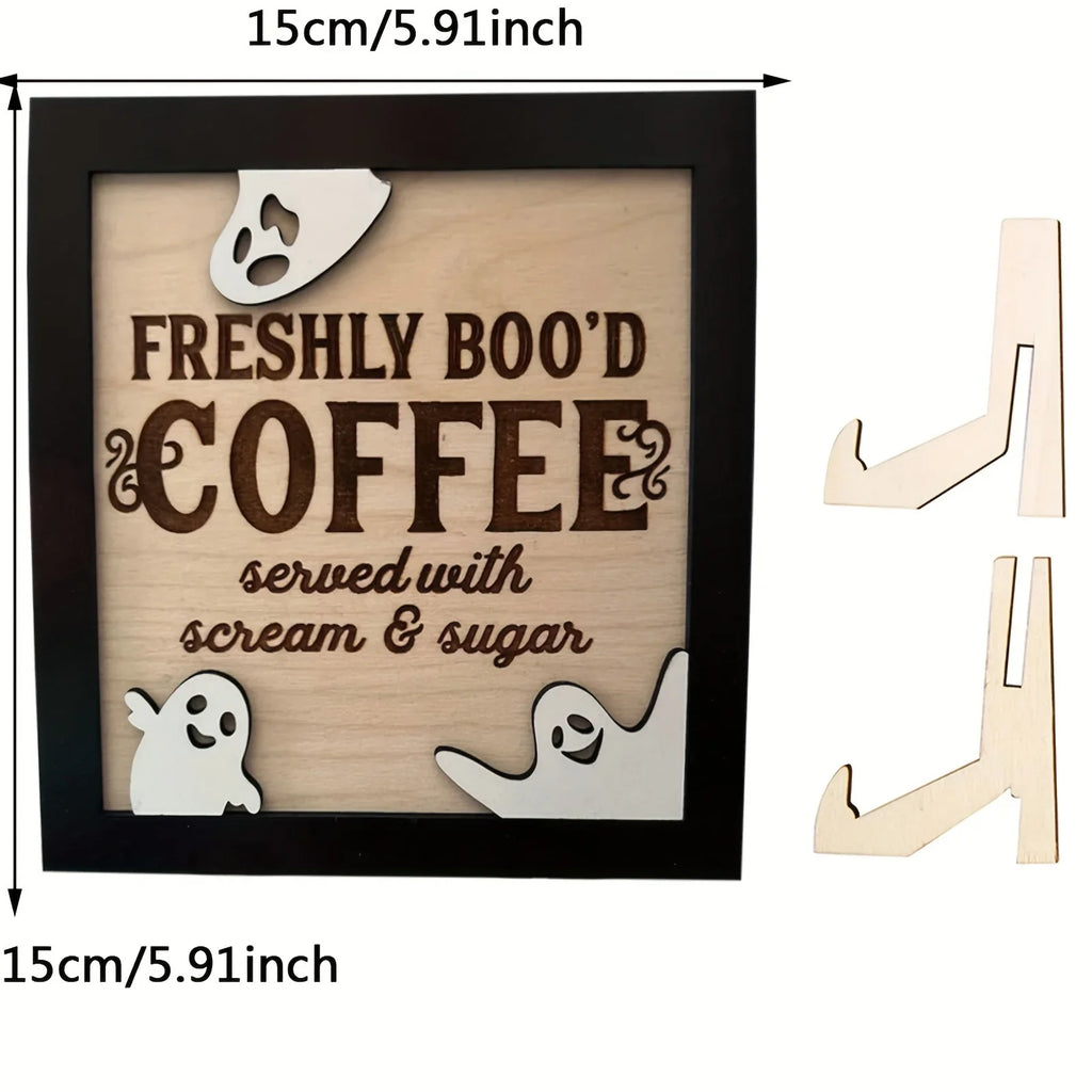 3D Wooden "Fresh Boo Coffee" Halloween Sign | Ghost Décor