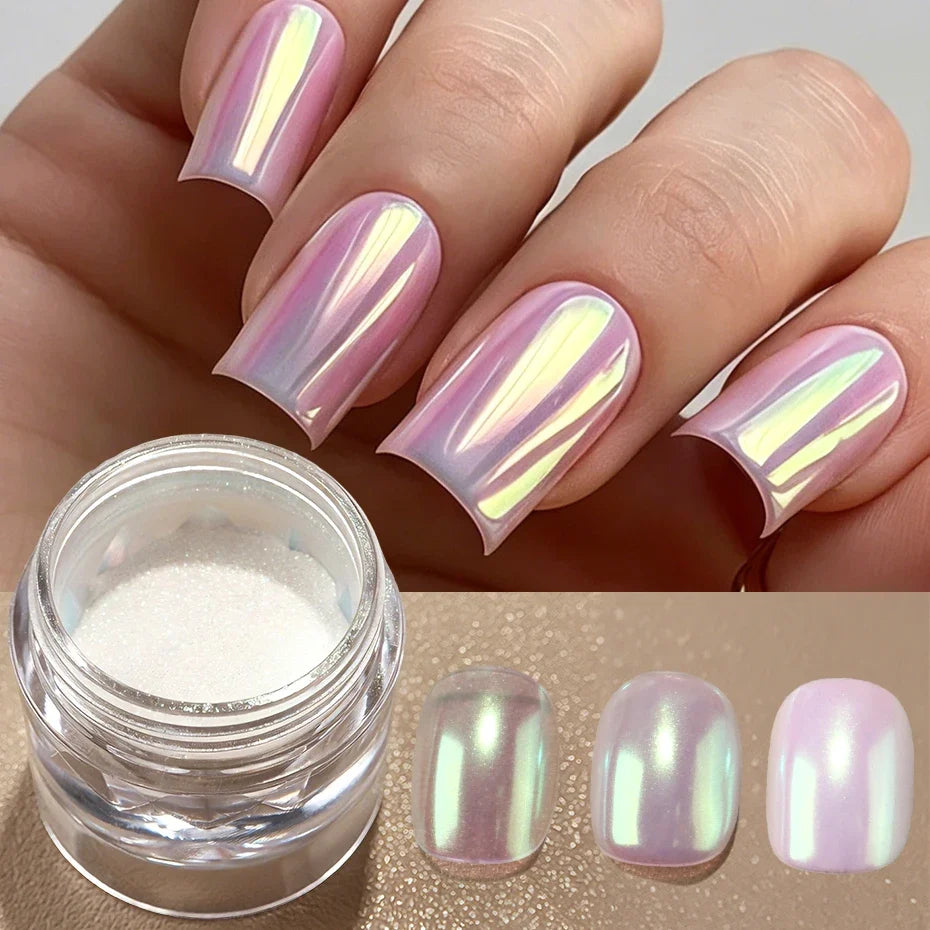 Aurora Chrome Nail Powder – Iridescent Mirror Glitter Pigment
