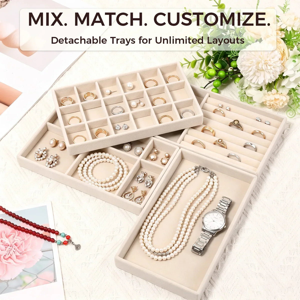 4-Piece Velvet Jewelry Tray Set – Stackable Drawer Organizer