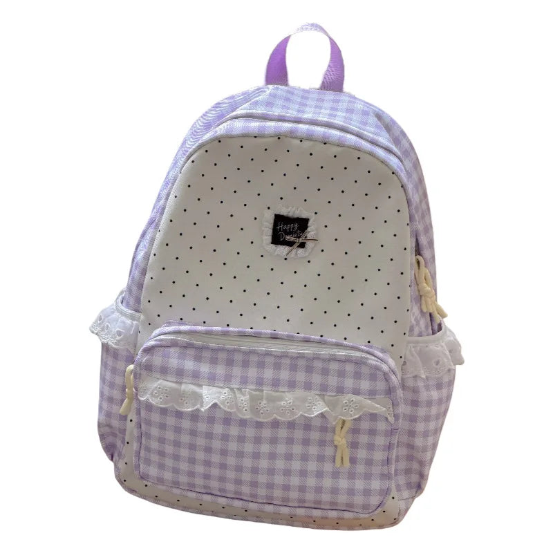 Korean Plaid Backpack Girls – Lace Trim Canvas School Bag