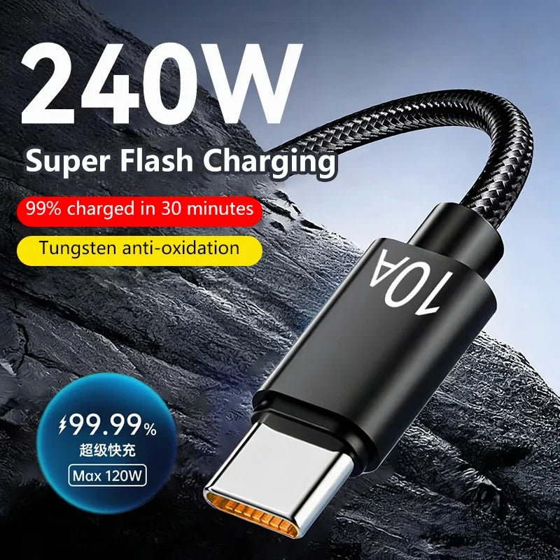 240W USB-A to USB-C Braided Fast Charging Cable 1–3M