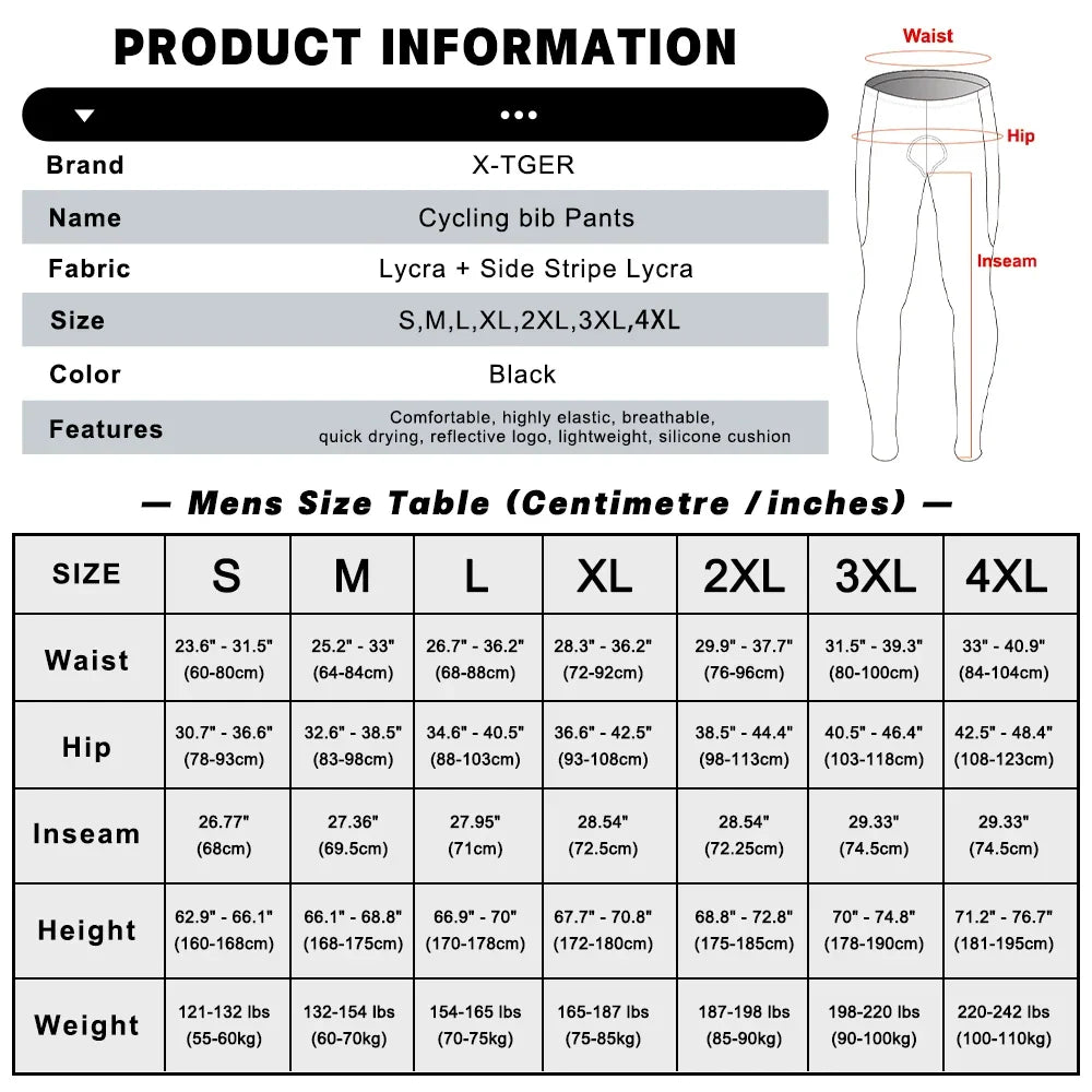 X-TIGER Men's 5D Gel Padded Cycling Bib Pants | Pro Lycra