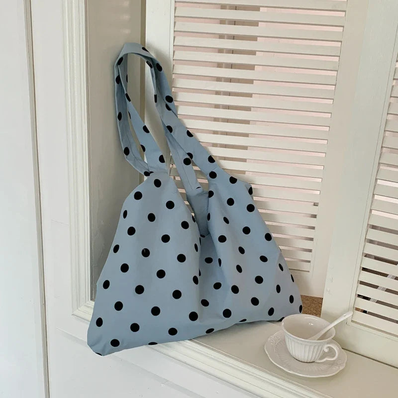 Korean Polka Dot Canvas Tote Bag – Retro Minimalist Shoulder Bag