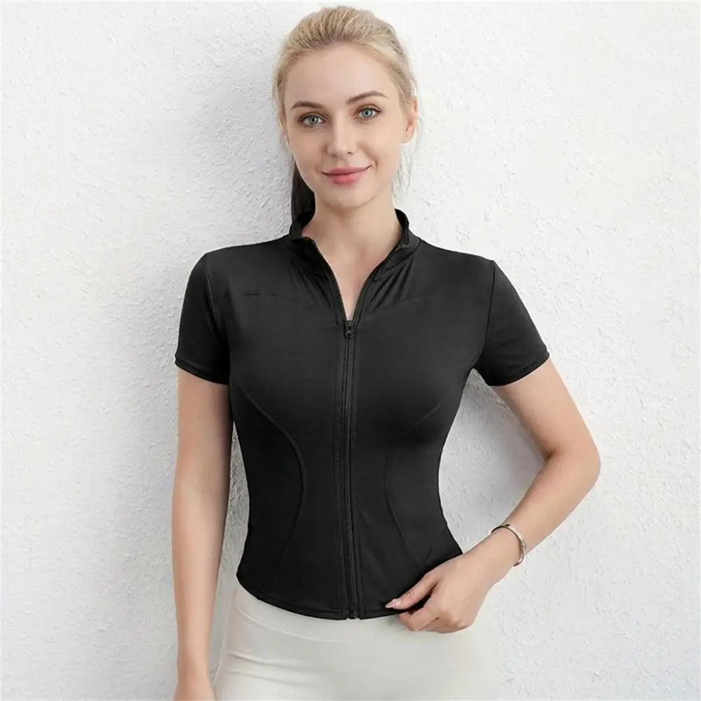Women's Slim Fit Zip Front Short Sleeve Sports Workout Top
