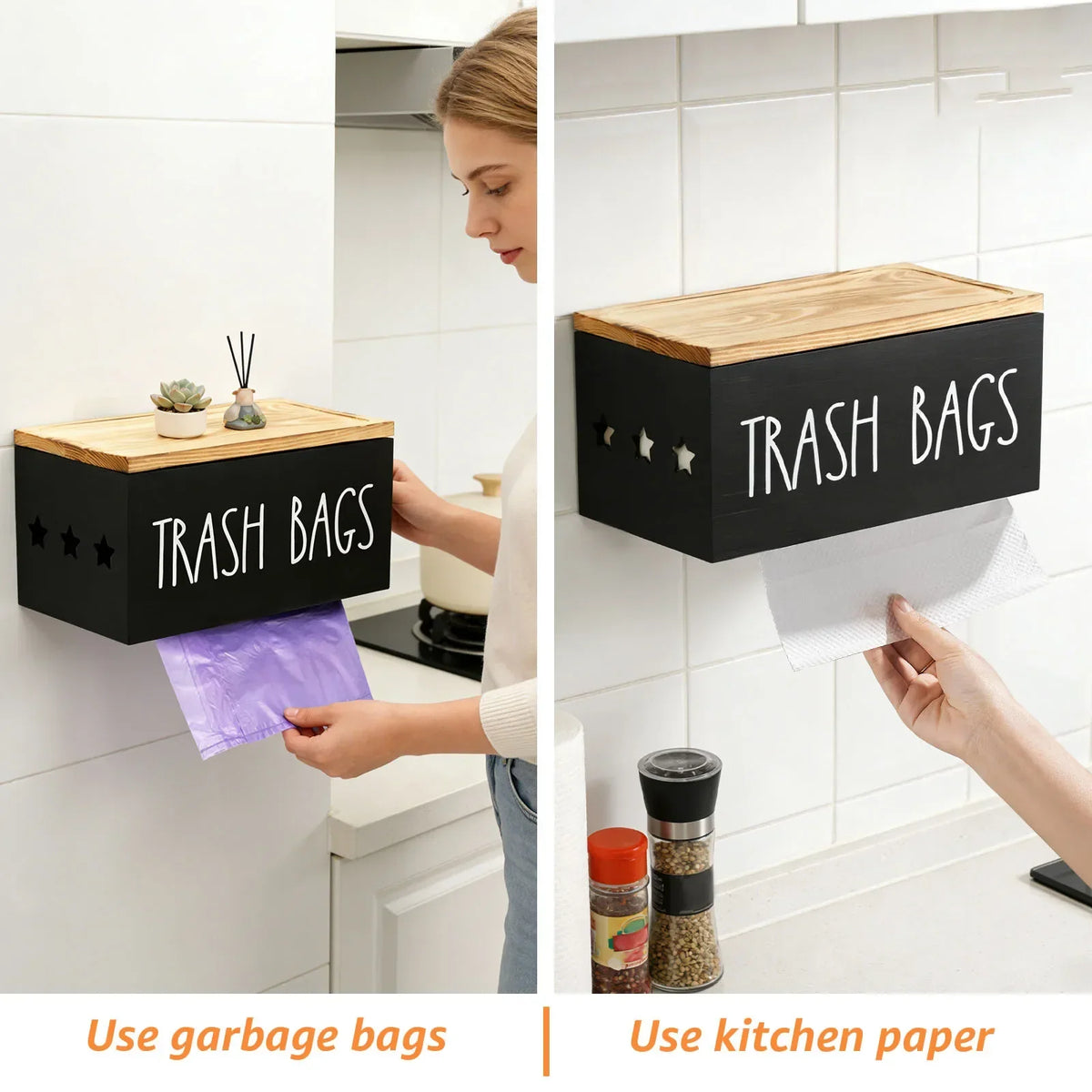 Wall Mount Wooden Trash Bag Roll Holder & Kitchen Organizer