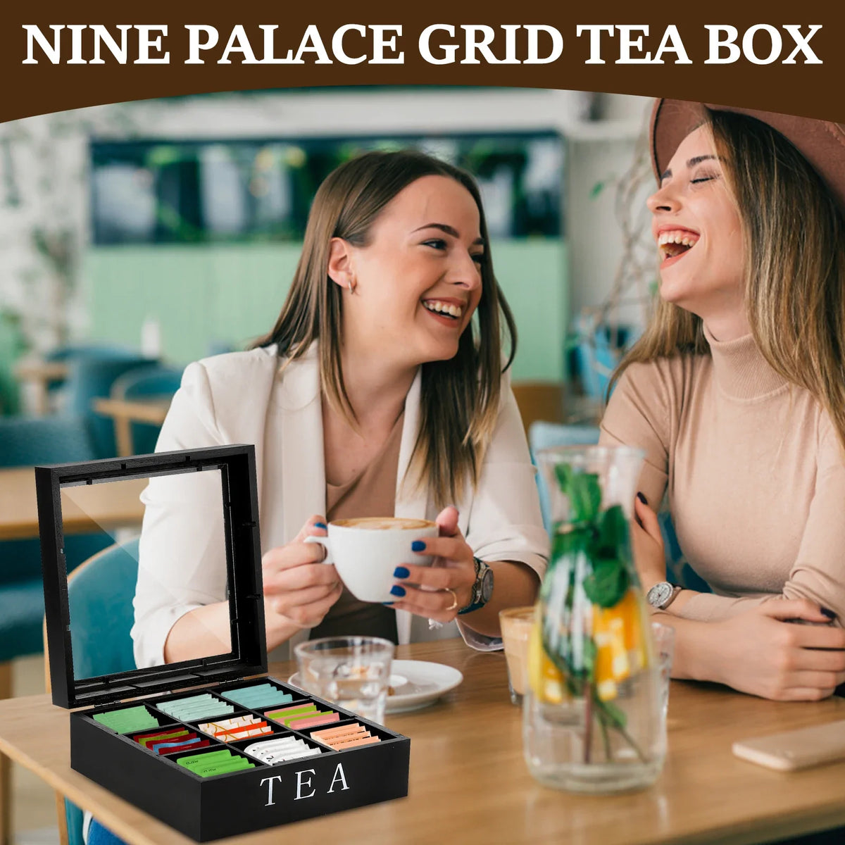Wooden Tea Bag Organizer – 9 Compartments & Clear Lid