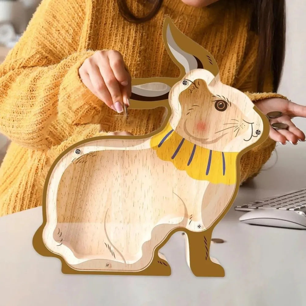 Wooden Animal Coin Bank – Rabbit & Chick Money Box Décor