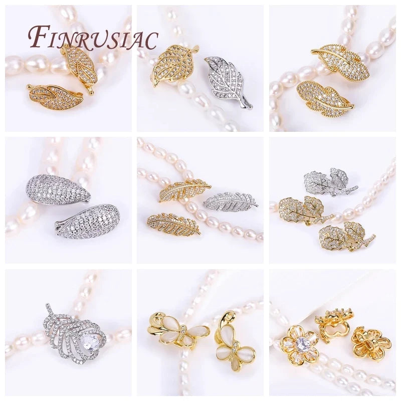 18K Gold Plated Zircon Leaf Pearl Clasp | DIY Necklace Finding