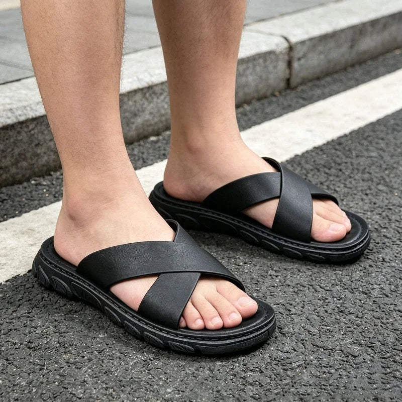 Men's Faux Leather Thick Sole Open Toe Beach Sandals