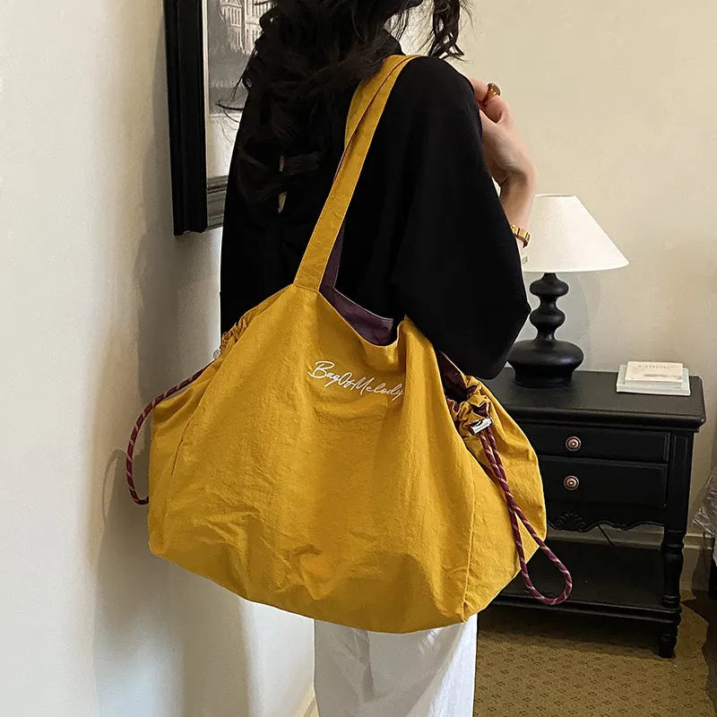 Women's Reversible Canvas Drawstring Shoulder Tote Bag