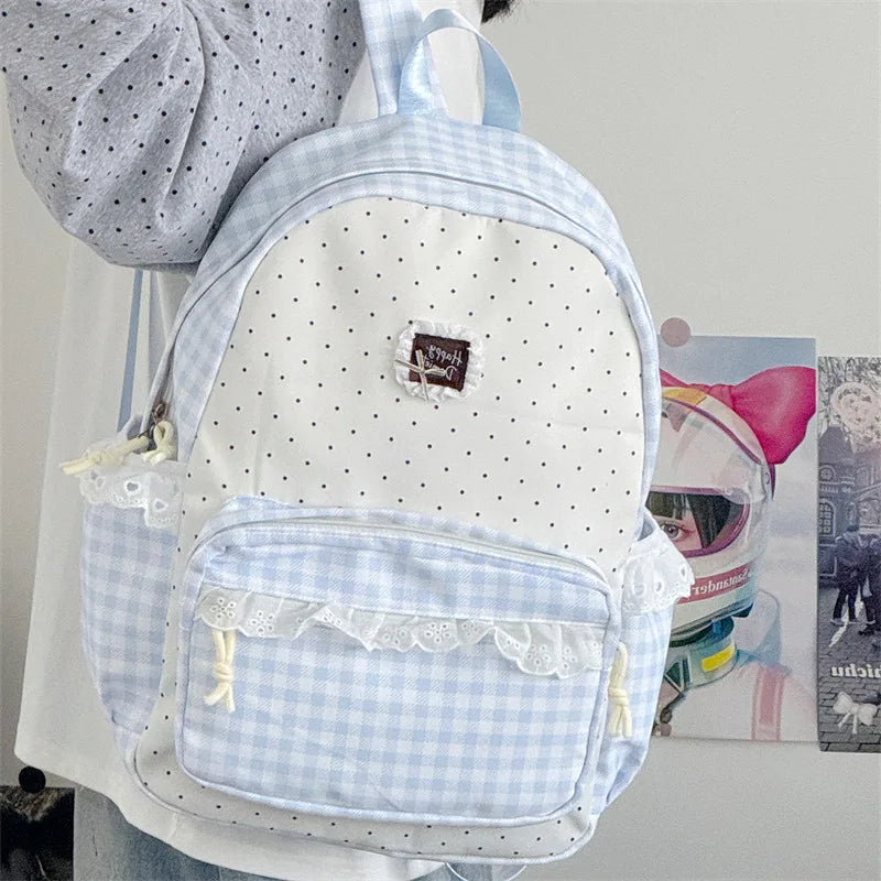 Korean Plaid Backpack Girls – Lace Trim Canvas School Bag