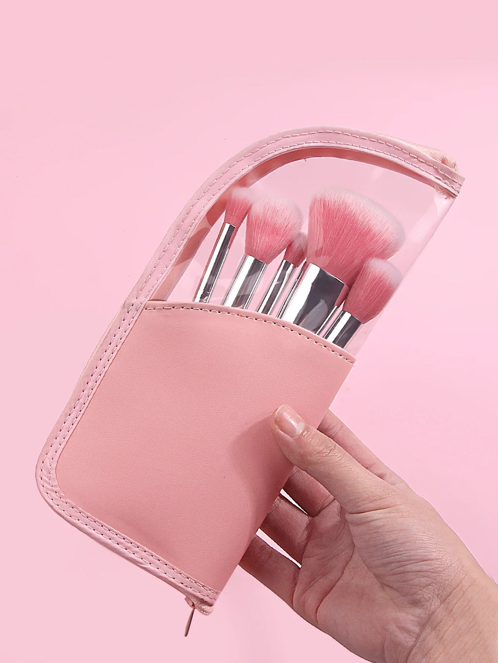 5-Piece Pink Diamond Makeup Brush Set with Bag, Sponge & Puff