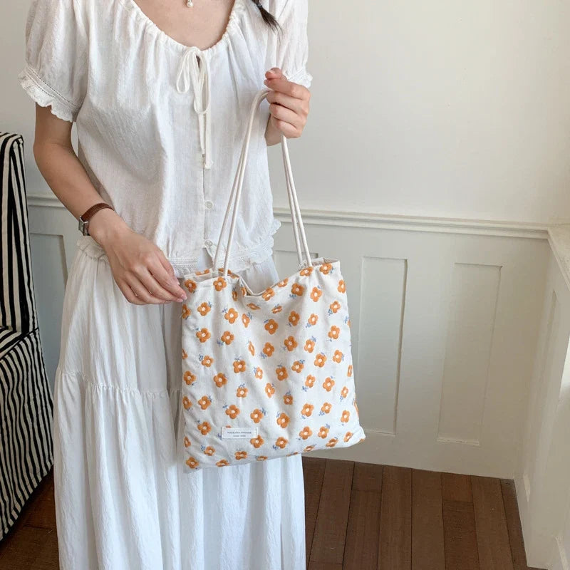 Women Floral Canvas Tote Bag – Large Capacity Shoulder Bag