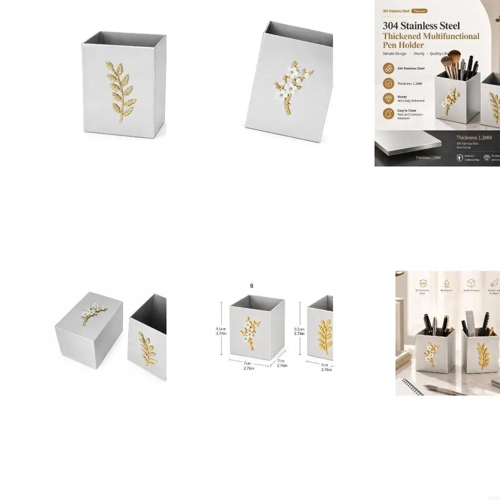 Stainless Steel Square Pen & Makeup Brush Holder Cup