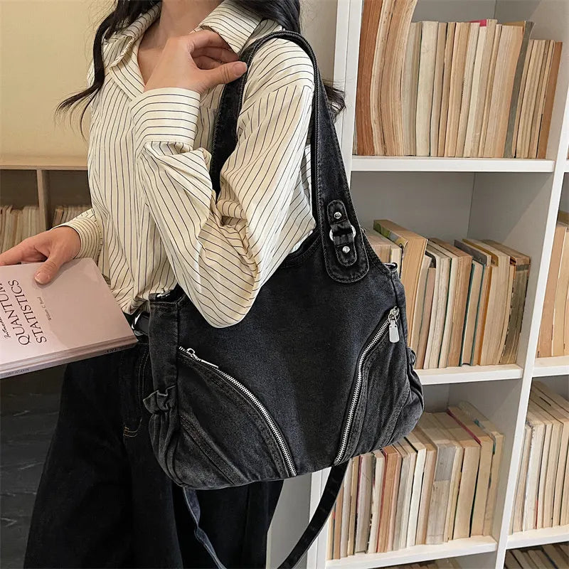 Women's Large Capacity Denim Tote Shoulder Bag – Retro Style