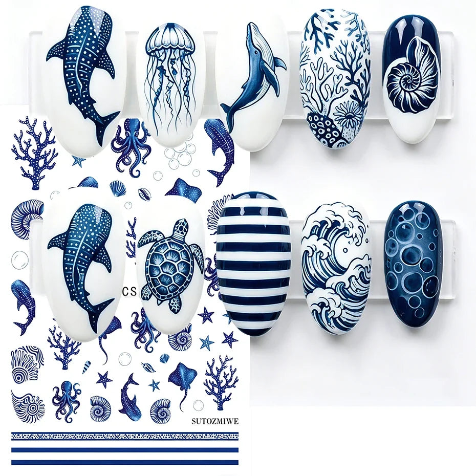 Blue Ocean Nail Art Stickers – Whale & Starfish Decals 2pcs