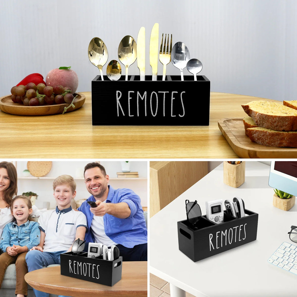Wooden TV Remote Holder – 3-Compartment Desk Organizer