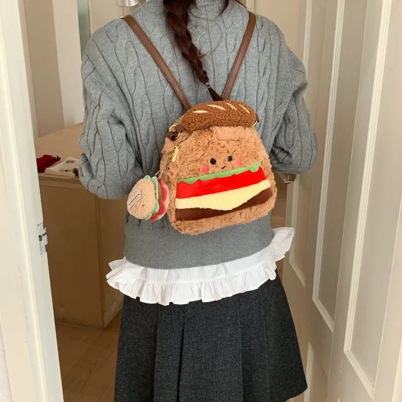 Cute Plush Hamburger Mini Backpack | Novelty Bag for Women