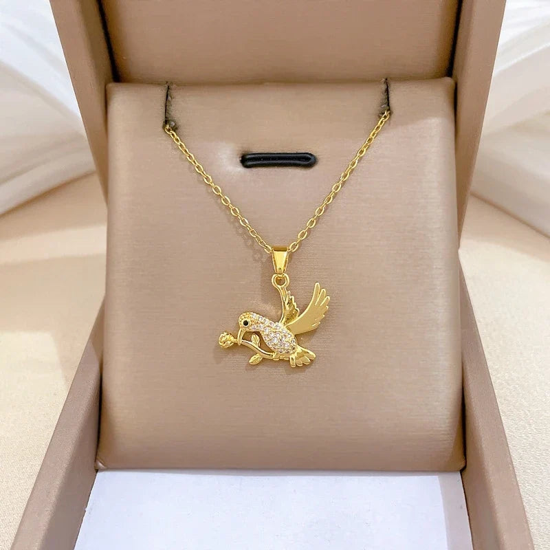 Women's Rose Crane Pendant Necklace – Gold Stainless Steel