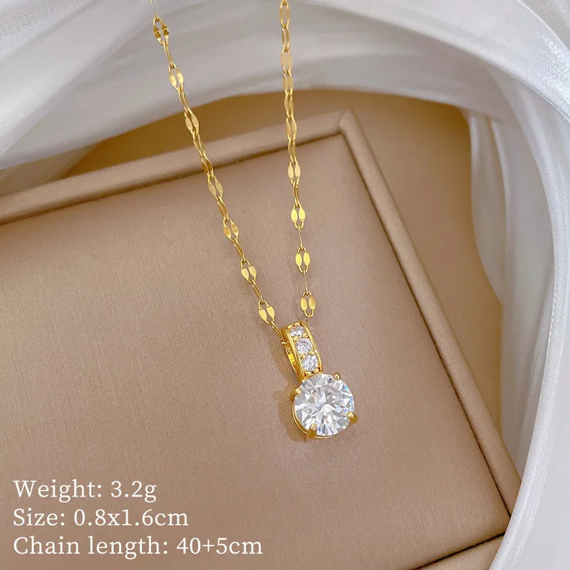 Geometric Zircon Pendant Necklace Gold Stainless Steel Chain