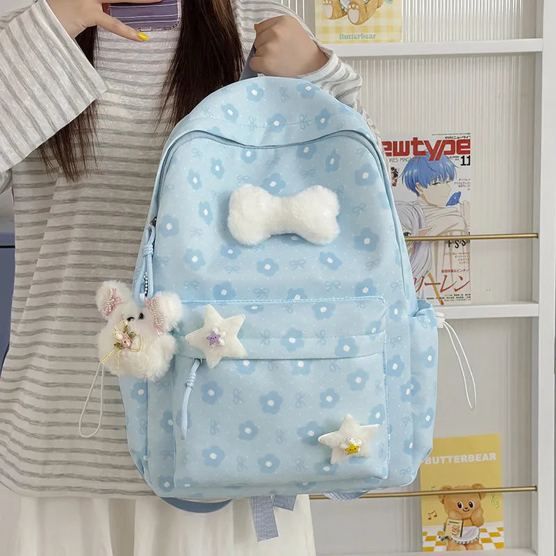 Bowknot Flower Print Canvas Backpack for Girls & Students