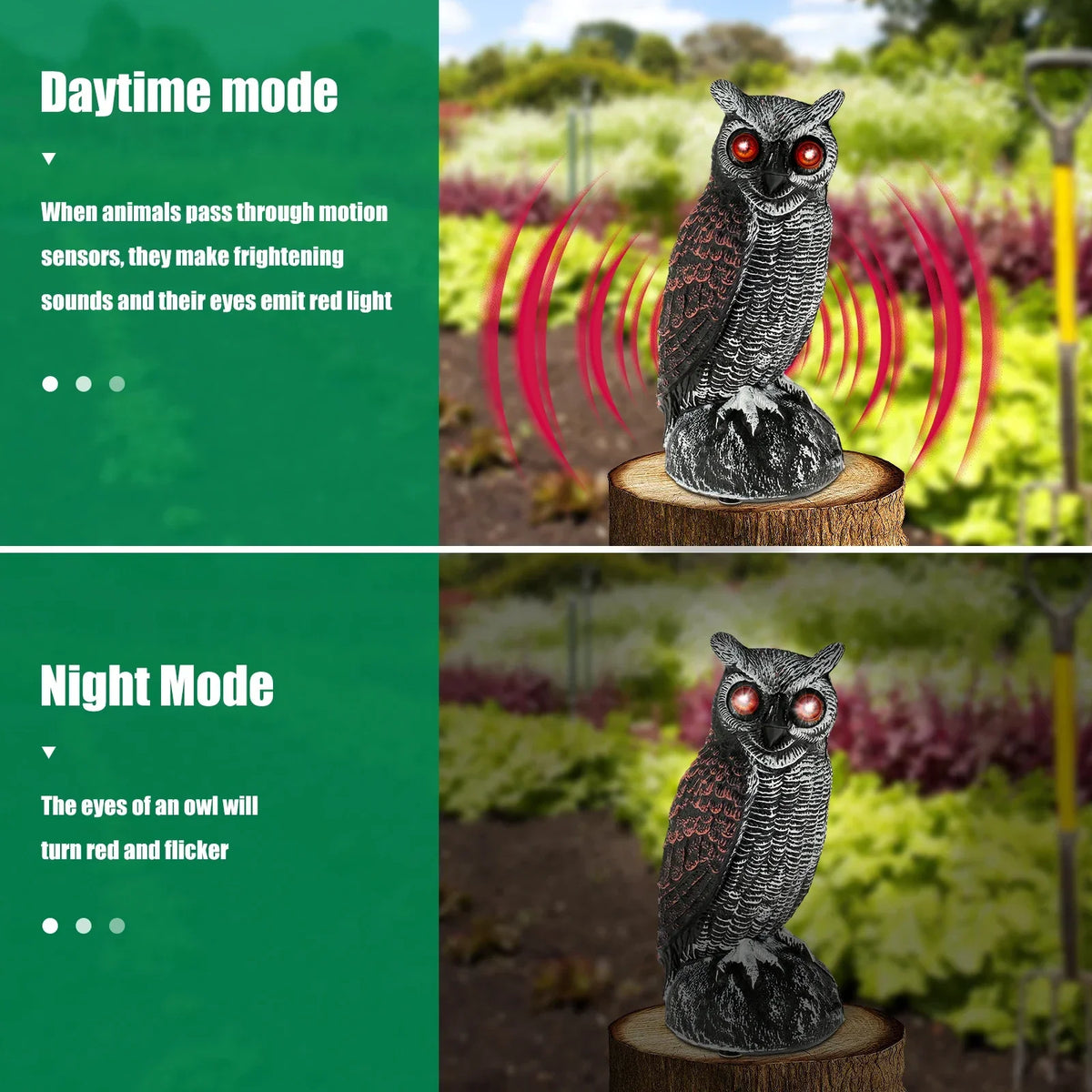 Solar Owl Decoy Bird Deterrent – 2 Modes, Motion Sensor