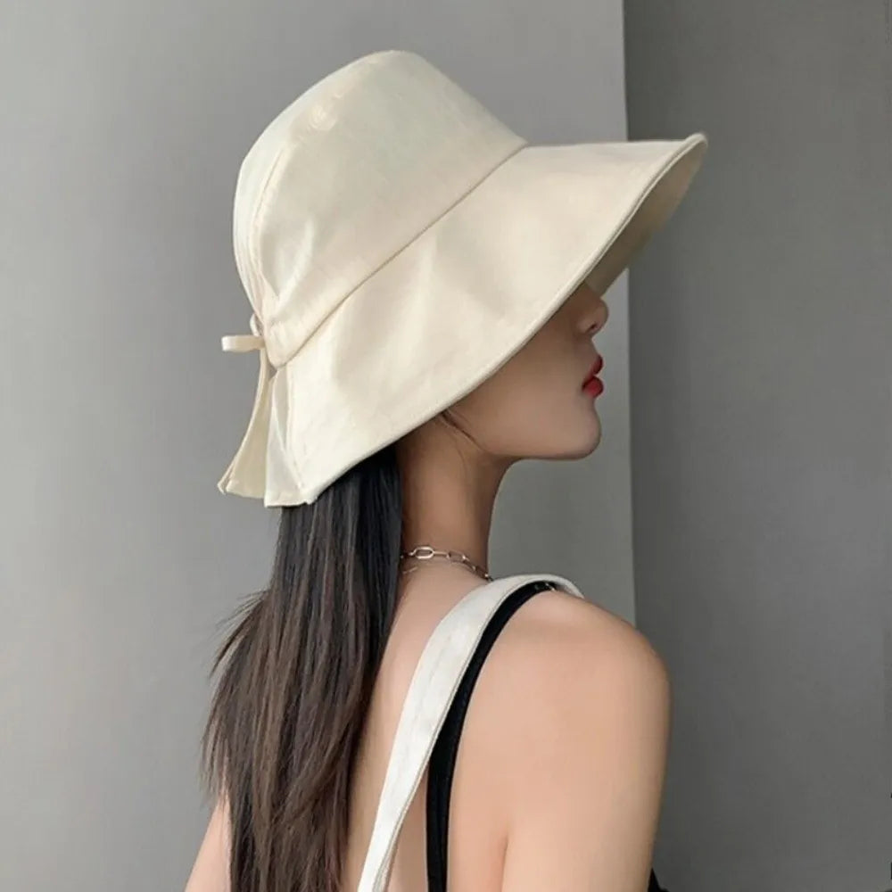 Women's Wide Brim Foldable Bucket Sun Hat with Bow Accent