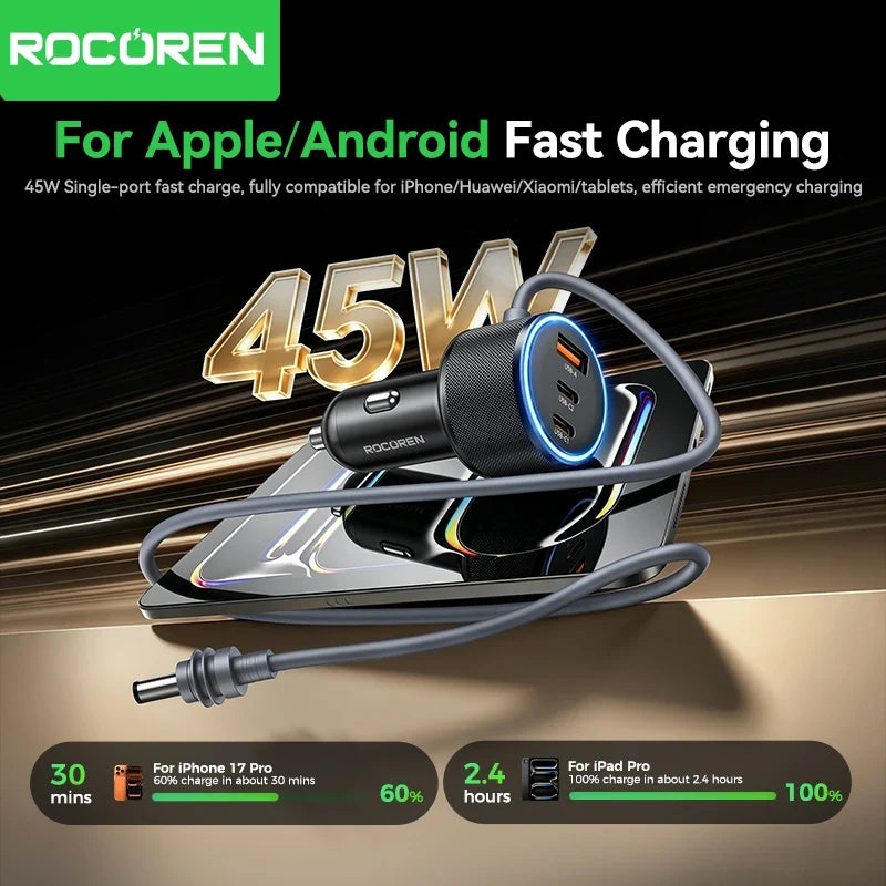 Rocoren 60W 3-Port USB-C Car Charger | PD & QC 4.0 Fast Charge