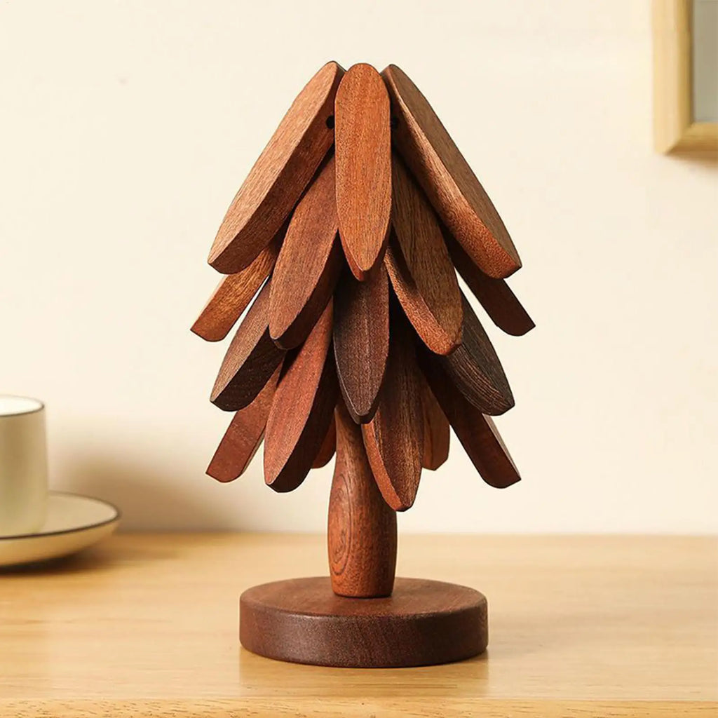 Wooden Christmas Tree Trivet & Coaster Set – 4pc Foldable