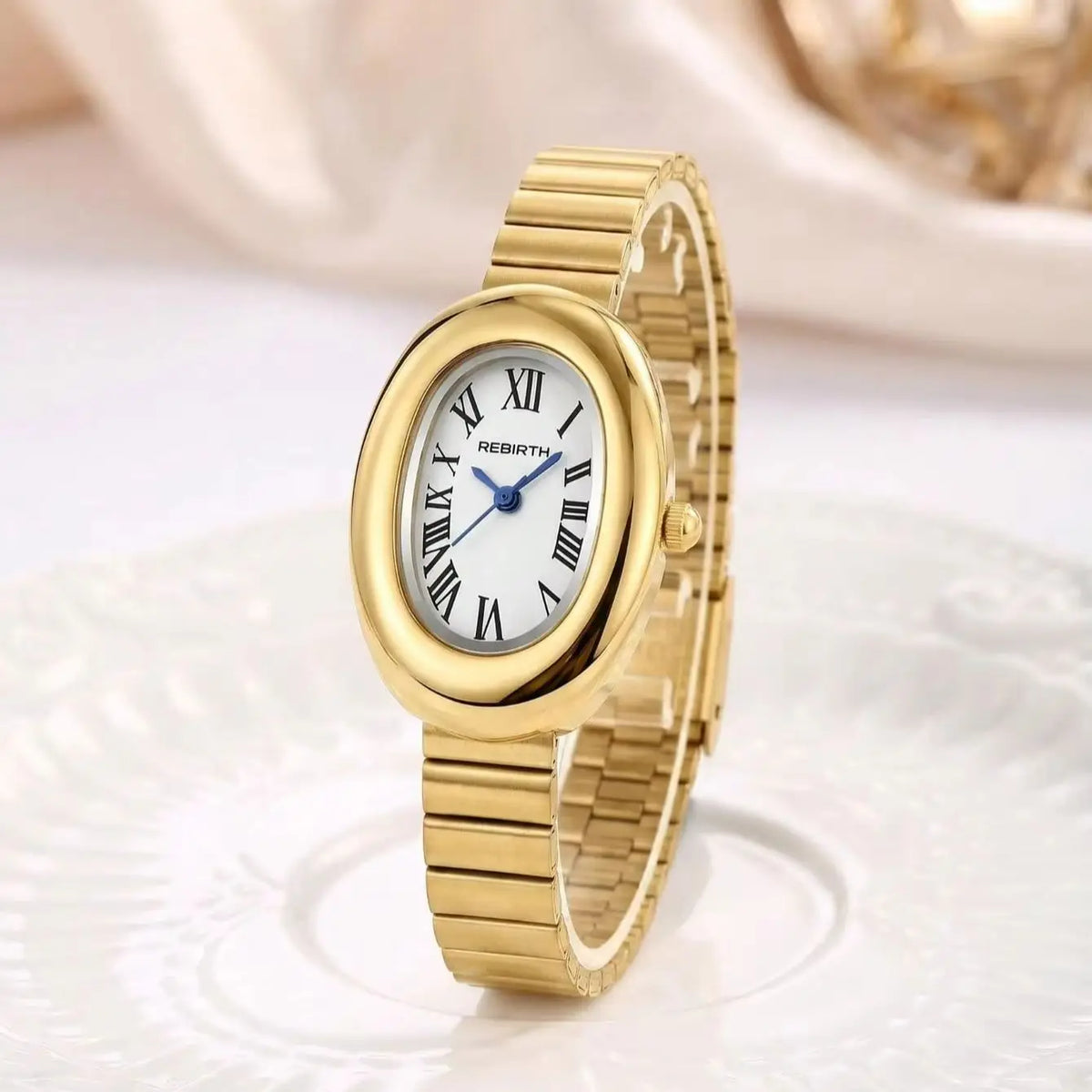 REBIRTH Vintage Oval Gold Women's Quartz Watch Roman Numeral