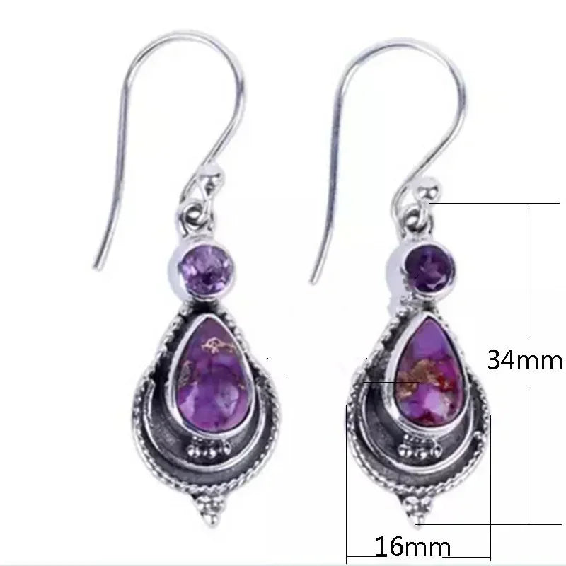 Zircon Moonstone Purple Agate Dangle Silver Hook Earrings