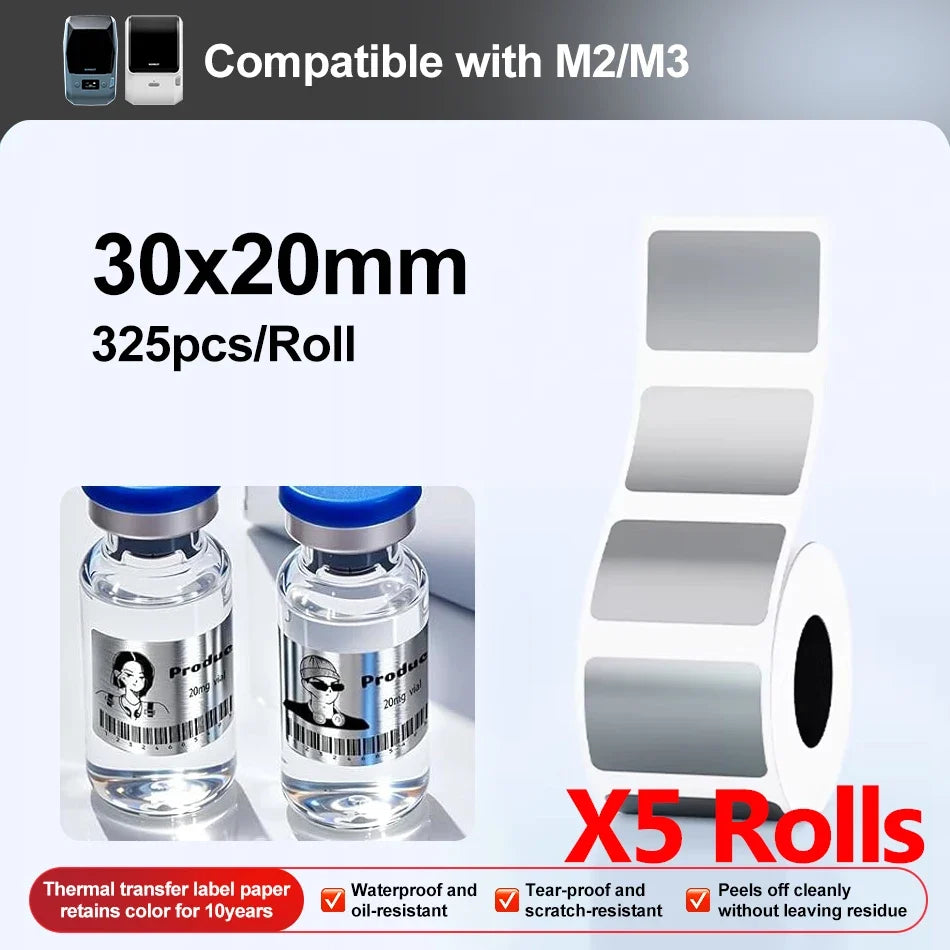 Niimbot M2/M3 Silver Thermal Transfer Labels – 3 or 5 Roll Pack