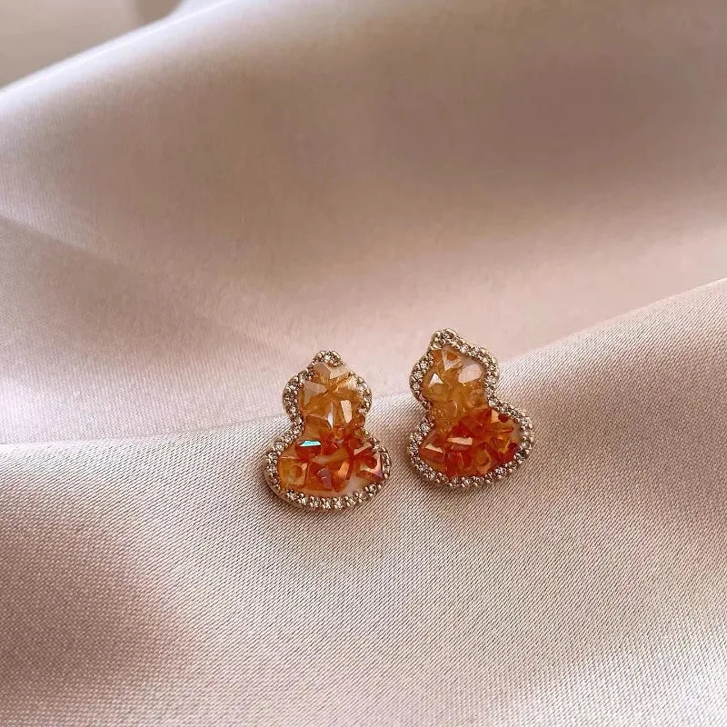 Gradient Crystal Gourd Stud Earrings – Orange Zircon Silver