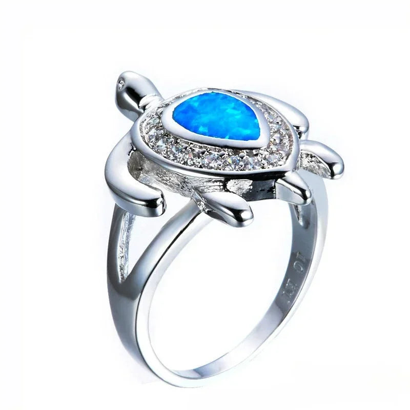 Women's Silver Turtle Blue Simulated Opal Ring Sizes 6–10