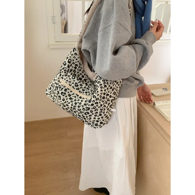 Nixie Plush Leopard Print Tote Bag – Large Crossbody Bucket Bag