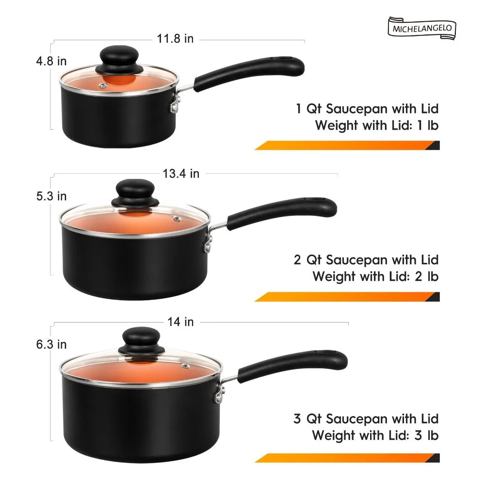 MICHELANGELO 3-Pc Nonstick Ceramic Saucepan Set 1QT 2QT 3QT