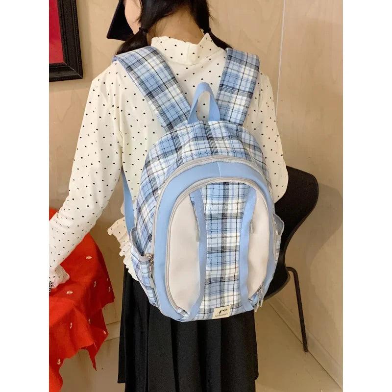 Korean Style Plaid School Backpack – Lightweight Large Capacity