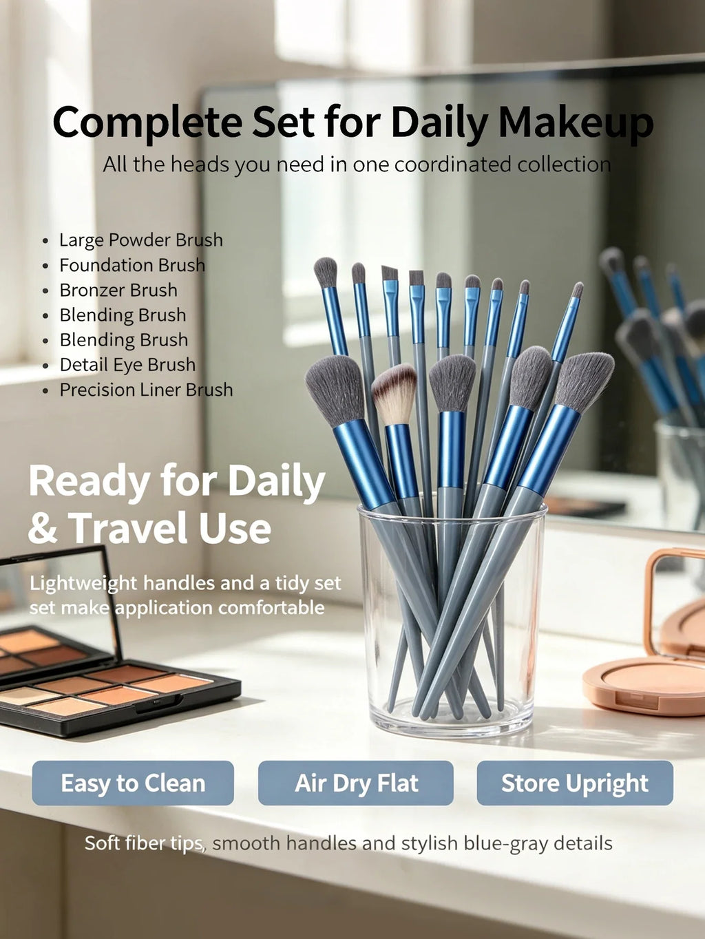 15Pc Makeup Brush Set + 2 Triangle Puffs | Pro Synthetic Kit