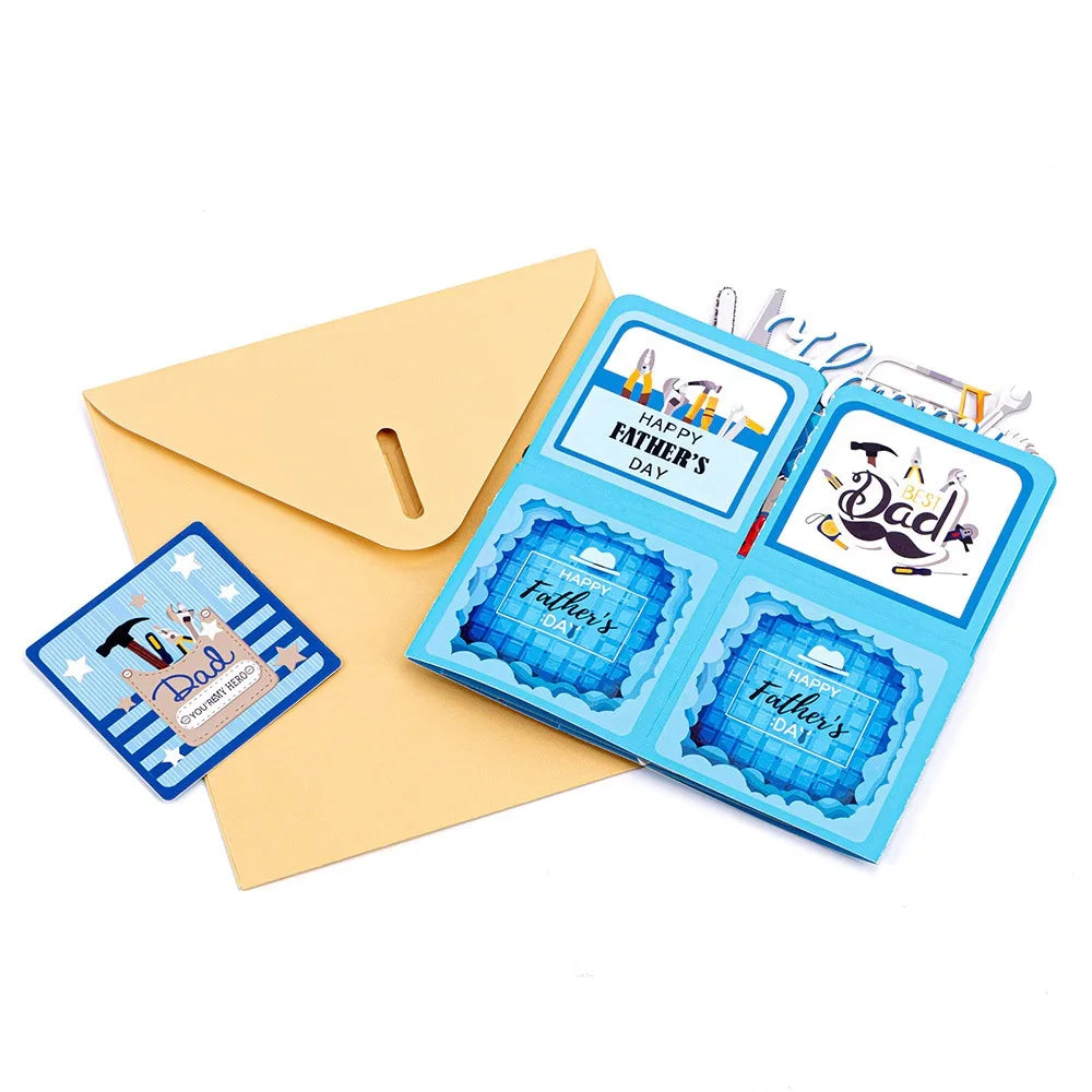 3D Pop-Up Father's Day Card with Envelope – Multicolor Cartoon
