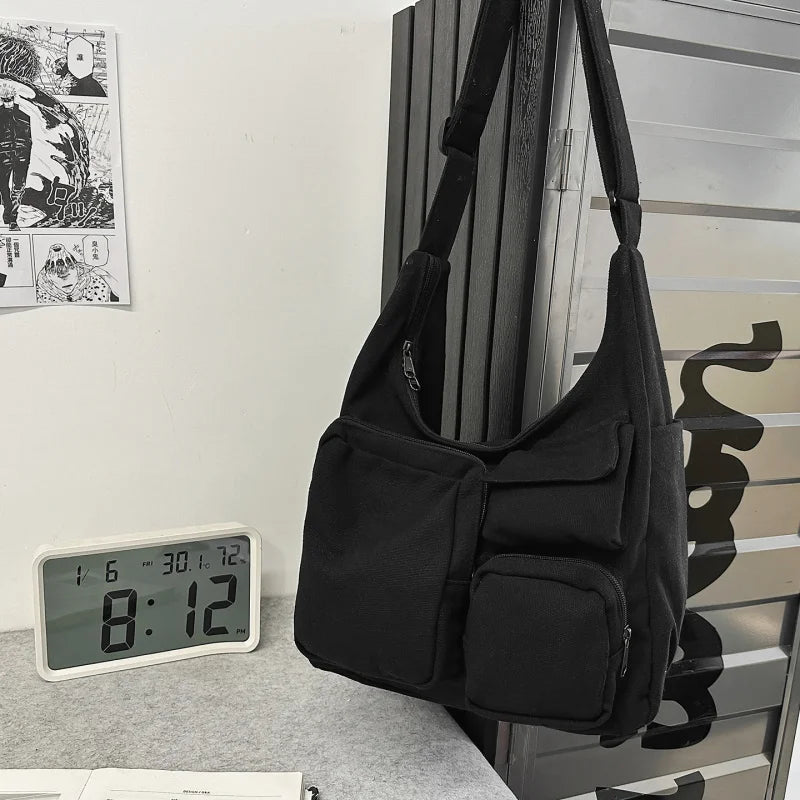 Large Canvas Dumpling Crossbody Bag – Unisex Multi-Pocket