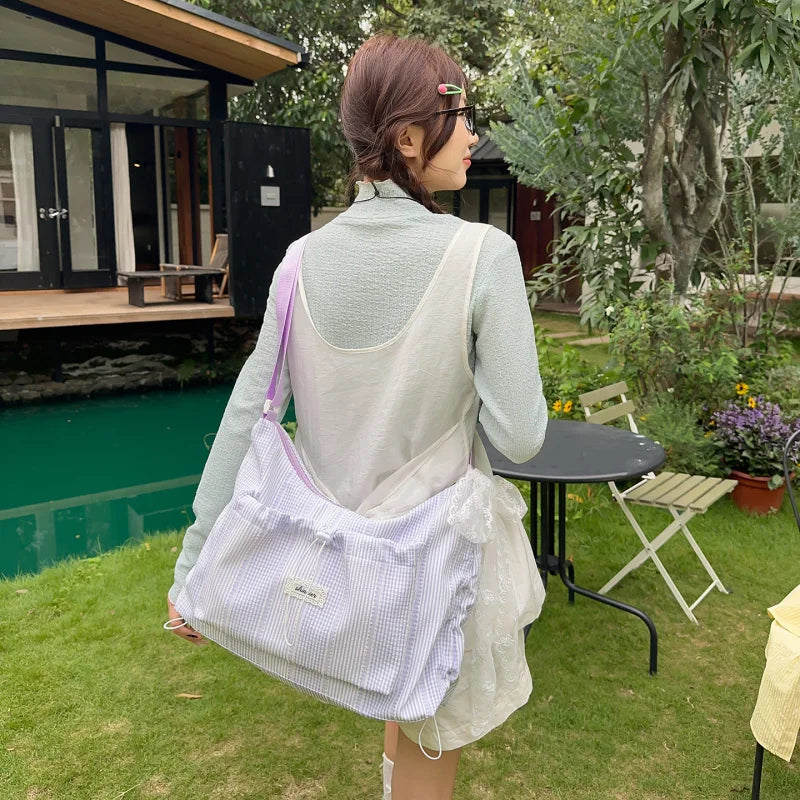 Women's Striped Nylon Tote Bag – Large Capacity Shoulder Bag