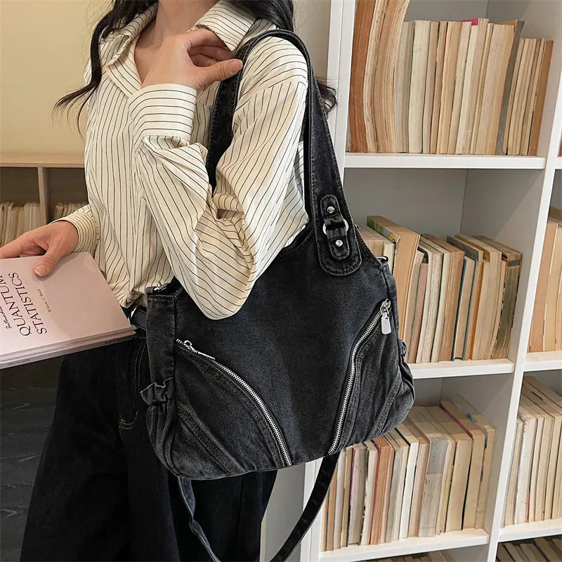 Women's Large Capacity Denim Tote Shoulder Bag – Retro Style