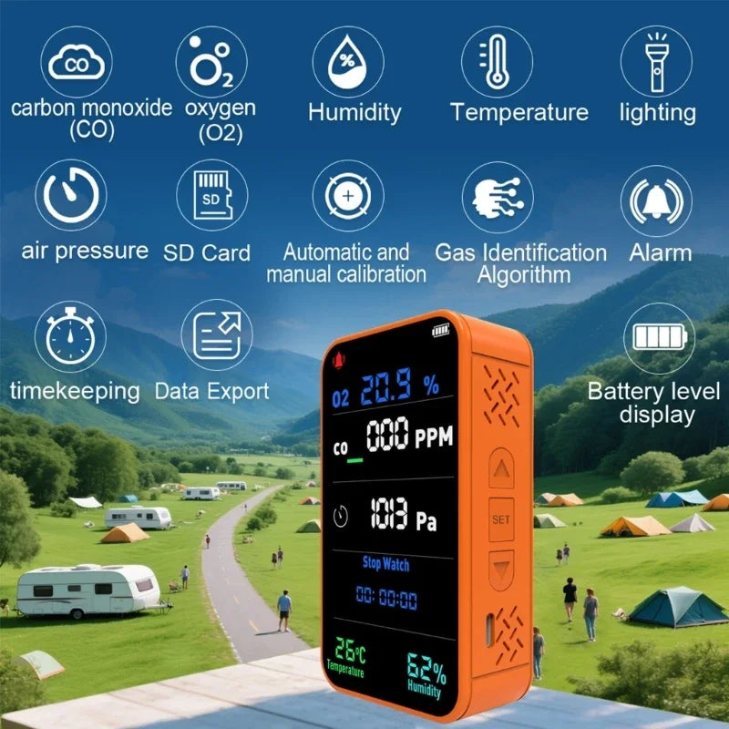 Portable CO & O₂ Gas Detector – Flashlight & Data Logger