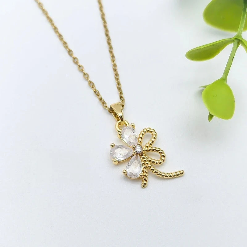Floral Copper Pendant Necklace | Gold Zircon Collarbone Chain