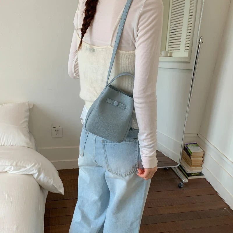 Korean Lychee Bucket Bag – Soft Leather Shoulder & Crossbody Bag