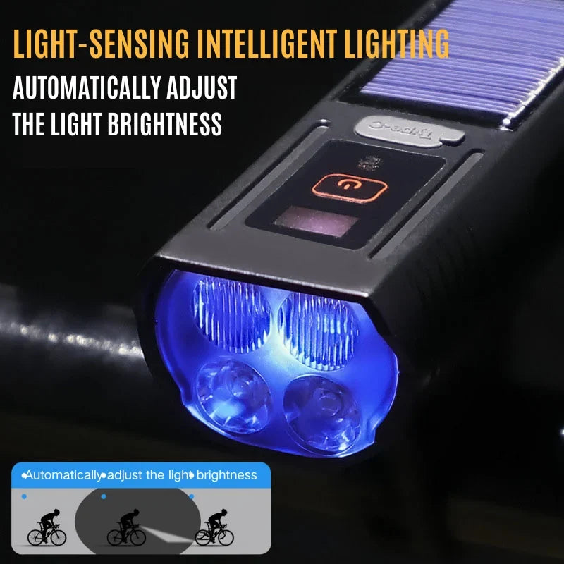 Solar Bike Headlight with Horn – Smart Sensing & Type-C