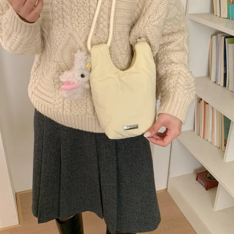 Women's Quilted Crossbody Phone Bag – Solid Mini Bucket Bag